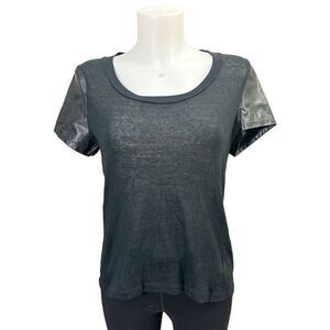 Elizabeth & James Black Lambskin‎ & Cotton Blend Round Neck Tee sz large
